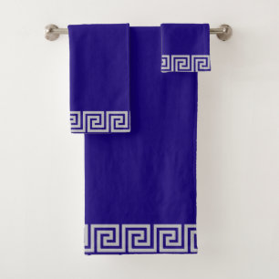 Elegant Gray Greek Frame Pattern on Navy Blue Bath Towel Set
