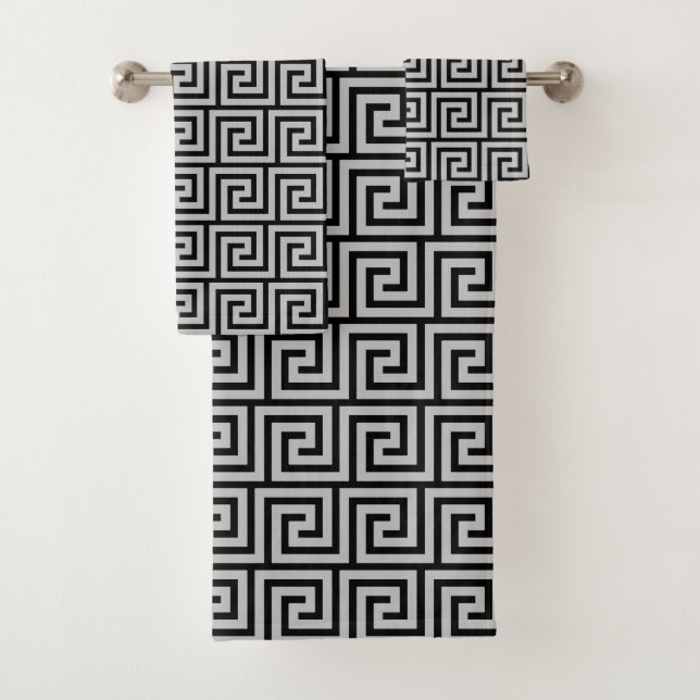 Elegant Gray Greek Pattern on Black Bath Towel Set (Insitu)