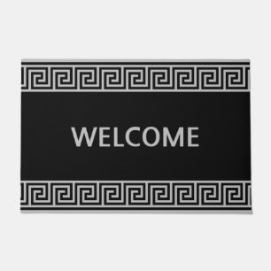 Elegant Gray Greek Pattern on Black Doormat