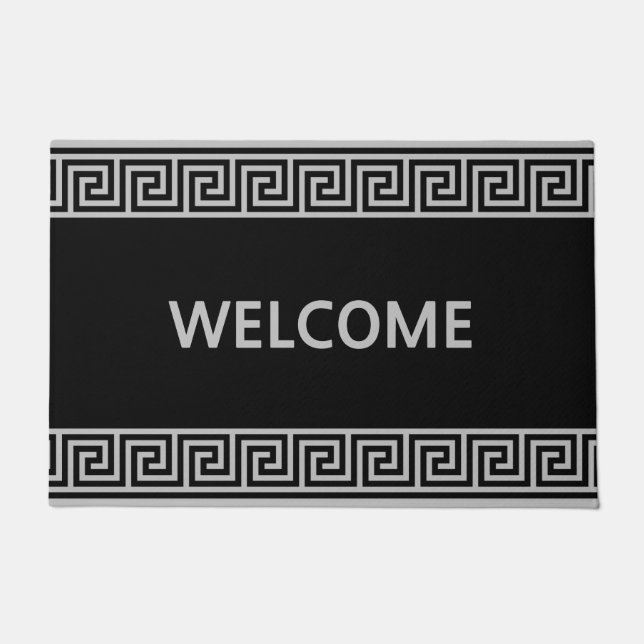 Elegant Gray Greek Pattern on Black Doormat (Front)