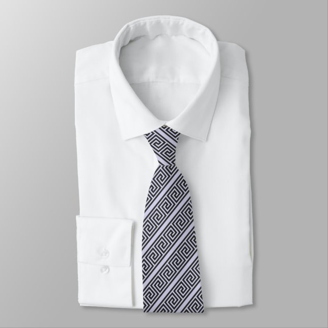 Elegant Gray Greek Pattern on Light Steel Gray Neck Tie (Tied)