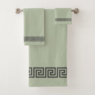 Elegant Gray Greek Pattern on Sage Green Bath Towel Set