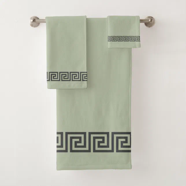 Elegant Gray Greek Pattern on Sage Green Bath Towel Set | Zazzle