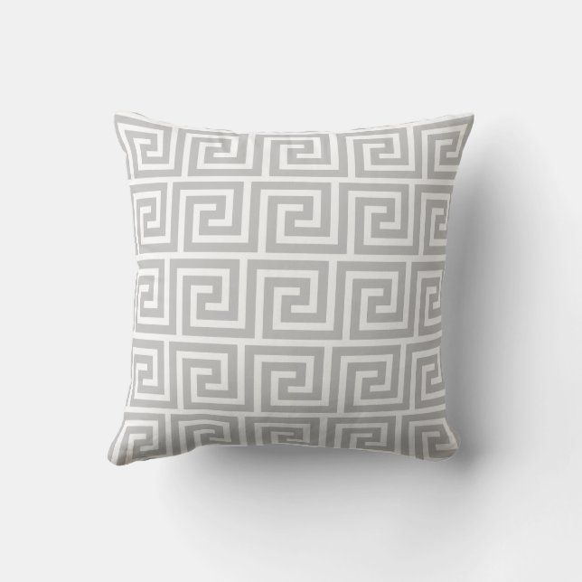 Elegant Gray Greek Pattern on White Throw Pillow (Back)