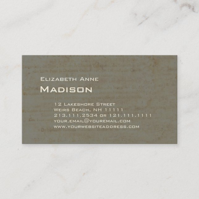 Elegant Gray Green Antique Paper Patina Business Card (Front)
