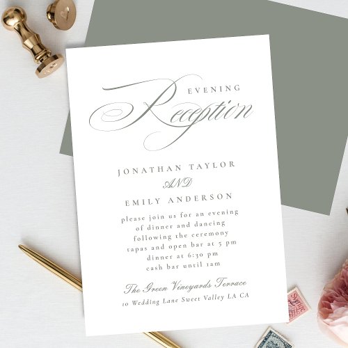 Elegant Gray Green Calligraphy Wedding Reception Enclosure Card