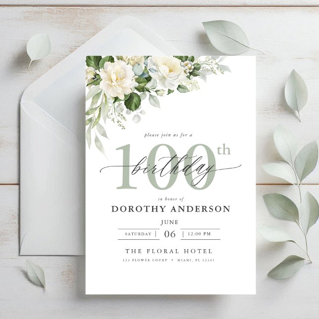 Elegant Gray Green Floral 100th Birthday Invitation (Creator Uploaded)