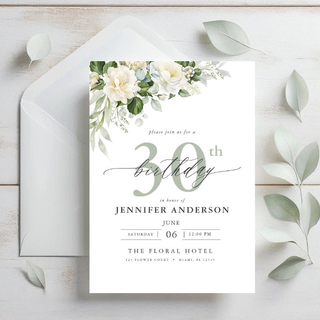 Elegant Gray Green Floral 30th Birthday Invitation (Creator Uploaded)