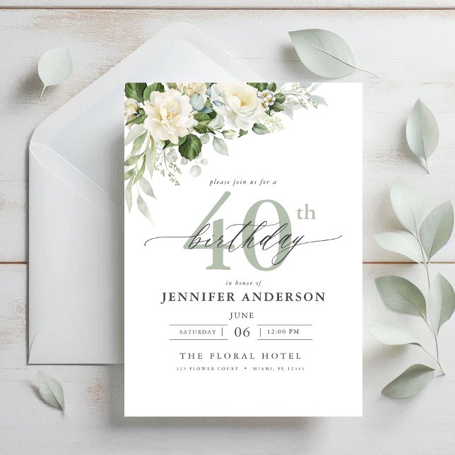Elegant Gray Green Floral 40th Birthday Invitation (Creator Uploaded)