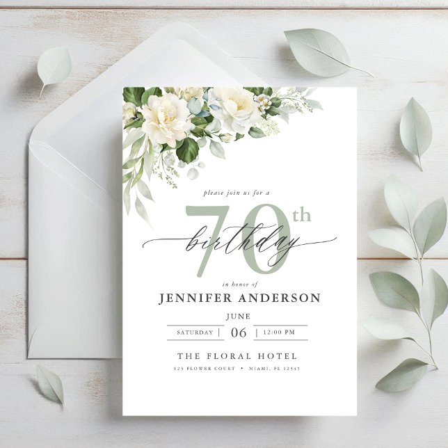 Elegant Gray Green Floral 70th Birthday Invitation (Creator Uploaded)