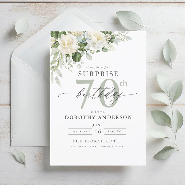 Elegant Gray Green Floral Surprise Birthday Invitation (Creator Uploaded)