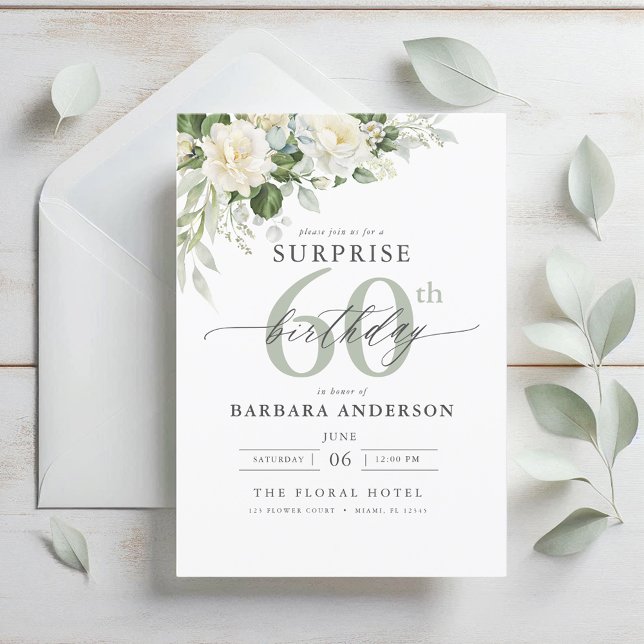 Elegant Gray Green Floral Surprise Birthday Invitation (Creator Uploaded)