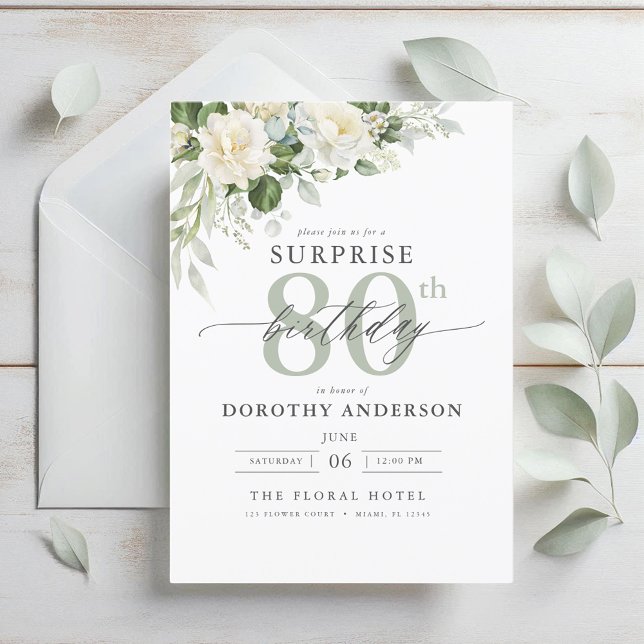 Elegant Gray Green Floral Surprise Birthday Invitation (Creator Uploaded)