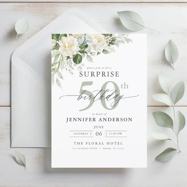 Elegant Gray Green Floral Surprise Birthday Invitation (Creator Uploaded)