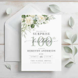 Elegant Gray Green Floral Surprise Birthday Invitation