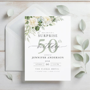 Elegant Gray Green Floral Surprise Birthday Invitation