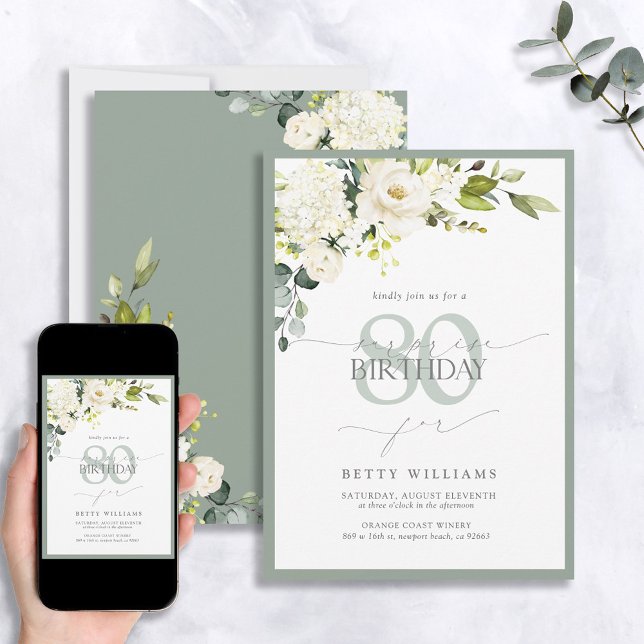 Elegant Gray Green Floral Surprise Birthday Invitation (Creator Uploaded)