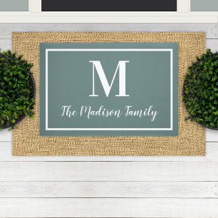 Elegant Gray Green Monogram Family Name Doormat