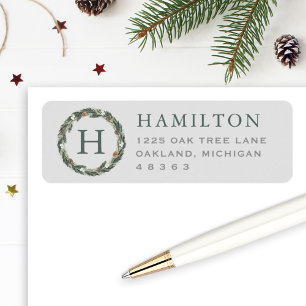Elegant Gray Green Pine Wreath Monogram Label