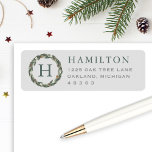 Elegant Gray Green Pine Wreath Return Address Label<br><div class="desc">Dress up your envelopes in style!  This return address label features a watercolor painted laurel watercolor greenery wreath with bits of pine,  berries,  and pinecones. Neutral color scheme includes green,  silver,  light gray,  and crisp white colors. Personalize with your custom monogram initial and return address.</div>