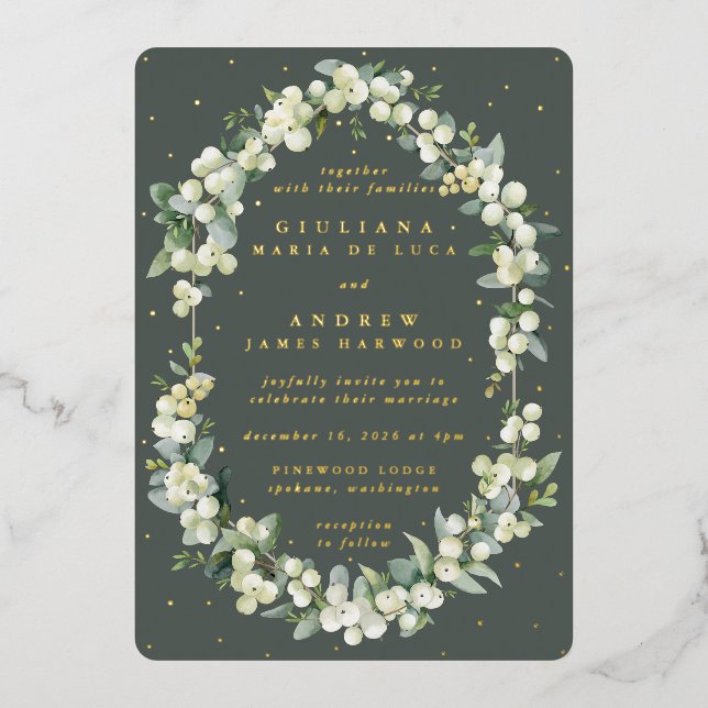 Elegant Gray Green Snowberry+Eucalyptus Wedding Foil Invitation (Front)