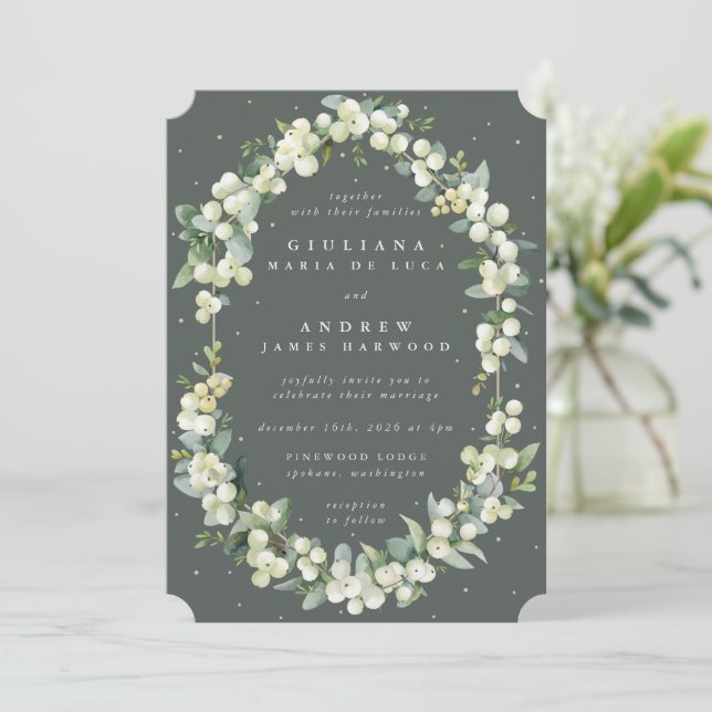 Elegant Gray Green Snowberry+Eucalyptus Wedding Invitation (Standing Front)