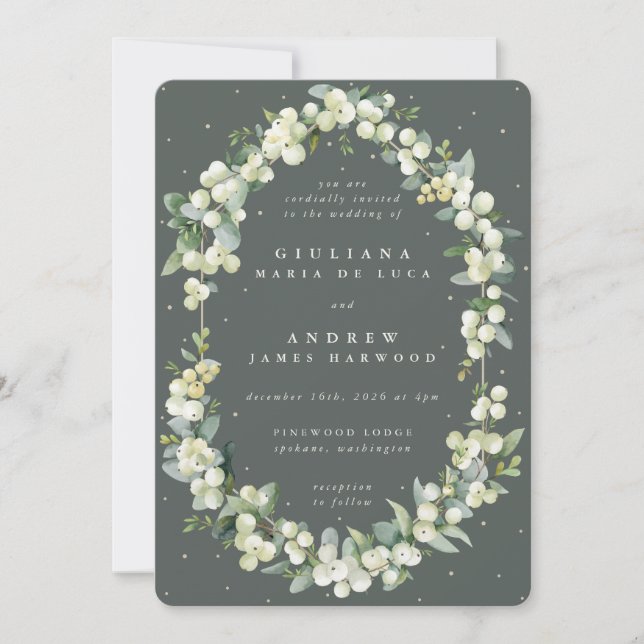 Elegant Gray Green Snowberry+Eucalyptus Wedding Invitation (Front)