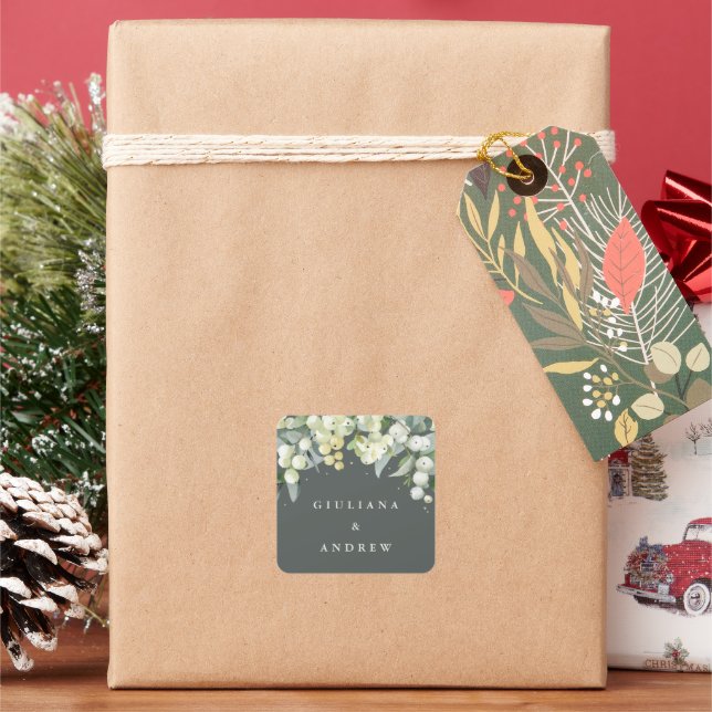 Elegant Gray Green Snowberry+Eucalyptus Wedding Square Sticker (Holiday)