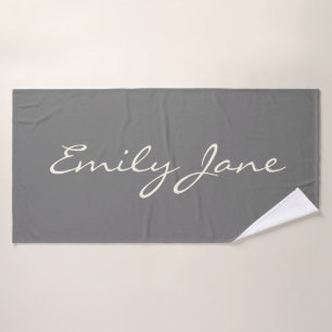 Elegant Gray Handwritten Script Name Custom  Bath Towel