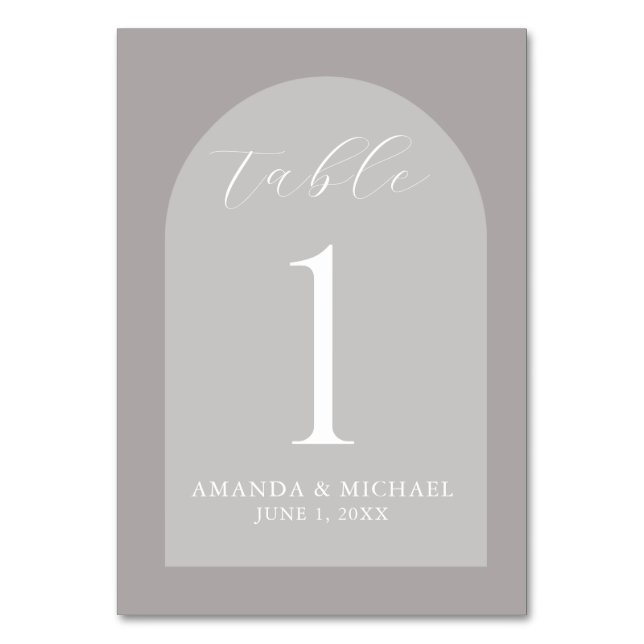 Elegant Gray Hues Arched Wedding Table Cards (Front)