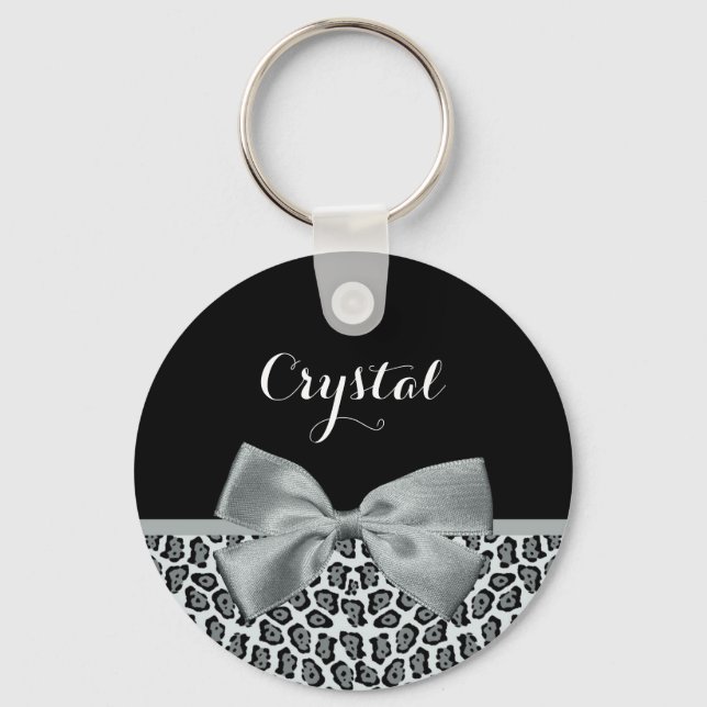 Elegant Gray Jaguar Print Pretty Name Silver Bow Keychain (Front)