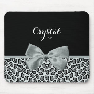 Elegant Gray Jaguar Print Pretty Name Silver Bow Mouse Pad