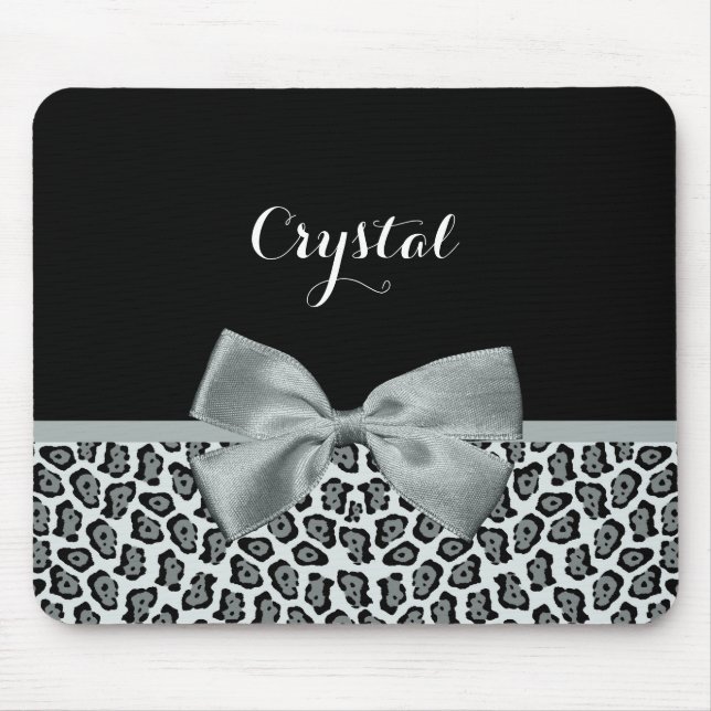 Elegant Gray Jaguar Print Pretty Name Silver Bow Mouse Pad (Front)