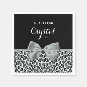Elegant Gray Jaguar Print Pretty Name Silver Bow Napkins