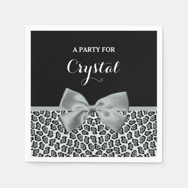 Elegant Gray Jaguar Print Pretty Name Silver Bow Napkins (Front)