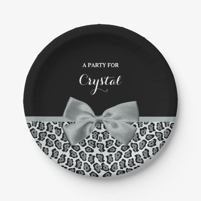 Elegant Gray Jaguar Print Pretty Name Silver Bow Paper Plates (Front)