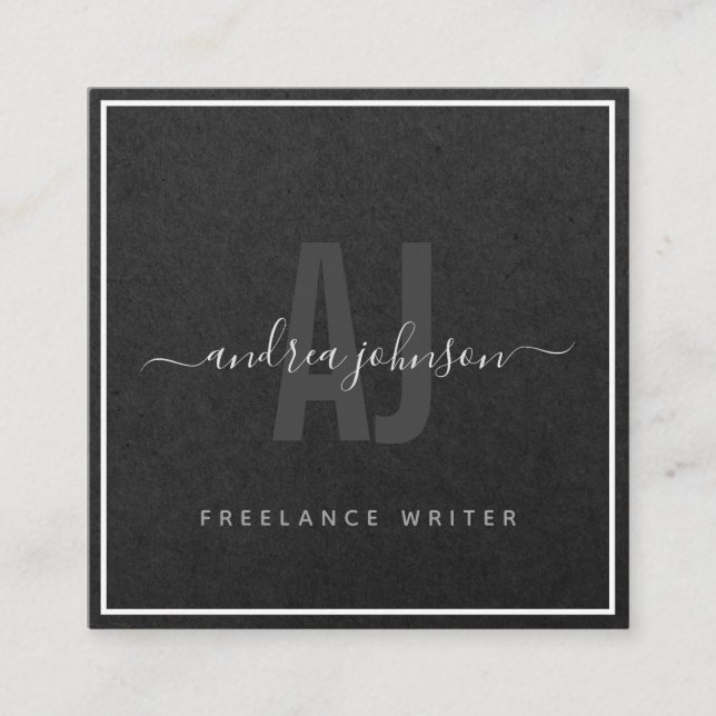 Elegant Gray Kraft Paper Freelance Writer Monogram Square Business Card (Front)