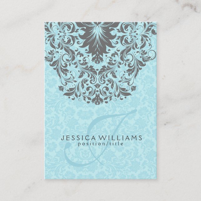 Elegant Gray Lace Baby Blue Damasks Background Business Card (Front)