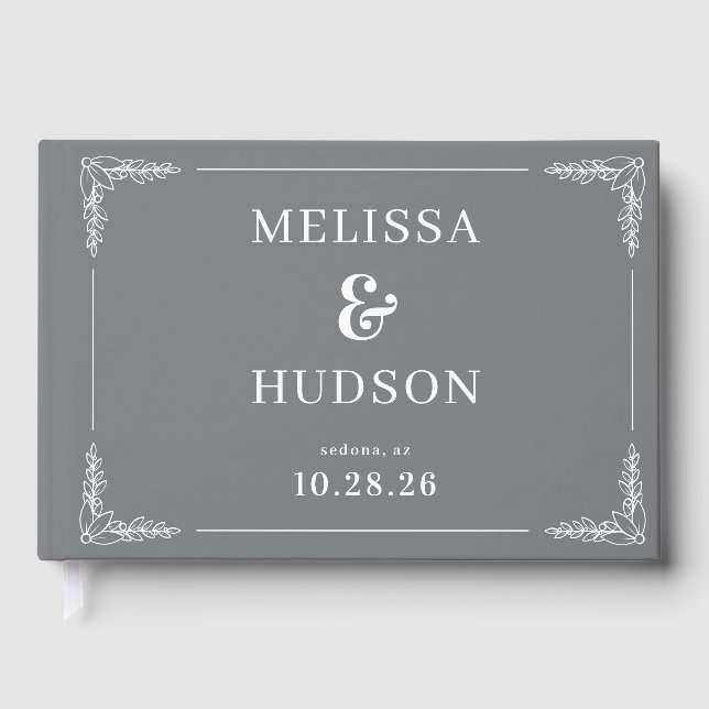 Elegant Gray Leaf Accents Guest Book (Front)