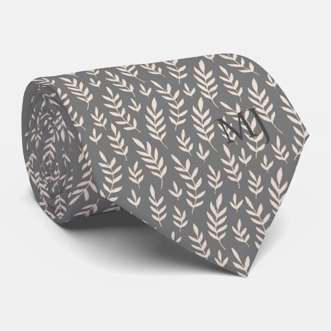ELEGANT GRAY LEAF FOLIAGE PATTERN MONOGRAM INITIAL NECK TIE (Rolled)