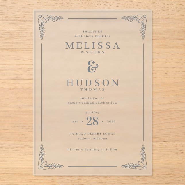 Elegant Gray Leafy Branches Acrylic Invitations (Front)