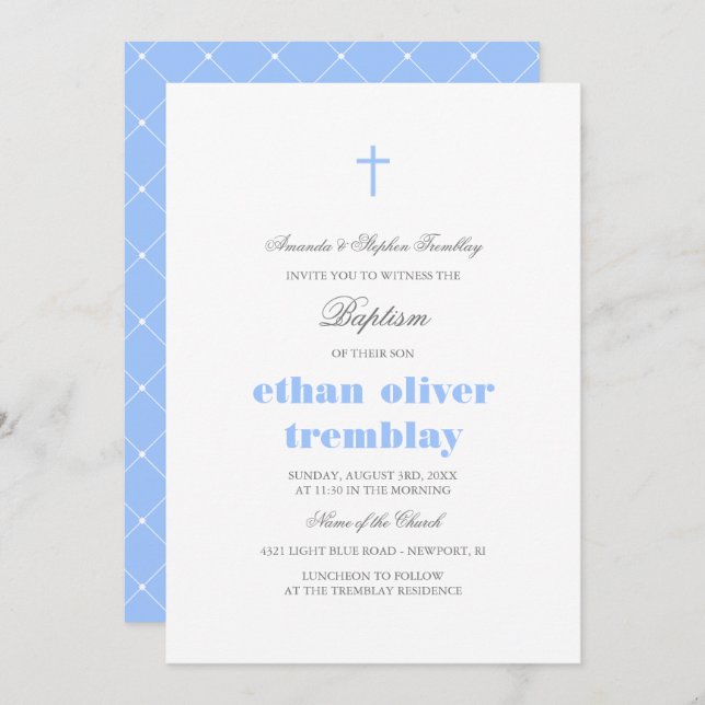 Elegant Gray & Light Blue Cross Baptism Invitation (Front/Back)
