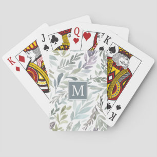 Elegant Gray Light Green Leaves Watercolor Poker Cards