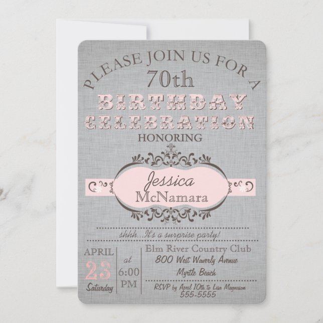 Elegant Gray Linen and Pink Birthday Invitation (Front)