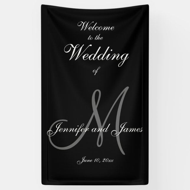 Elegant Gray M Initial and Names Wedding Banner (Vertical)
