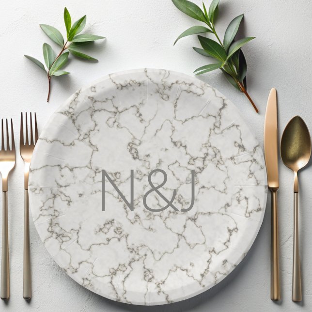 Elegant Gray Marble Modern Monogram Paper Plates (An elegant gray marble paper plate with space for your initials)
