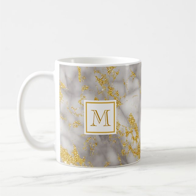 Elegant Gray Marble Monogram Faux Gold Glitter Coffee Mug (Left)