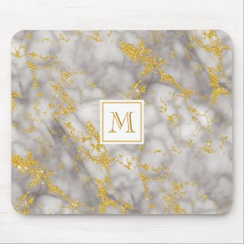 Elegant Gray Marble Monogram Faux Gold Glitter Mouse Pad by ohsogirly at Zazzle