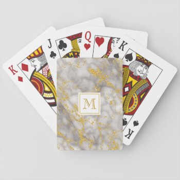 Elegant Gray Marble Monogram Faux Gold Glitter Playing Cards by ohsogirly at Zazzle