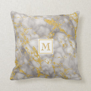 Elegant Gray Marble Monogram Faux Gold Glitter Throw Pillow